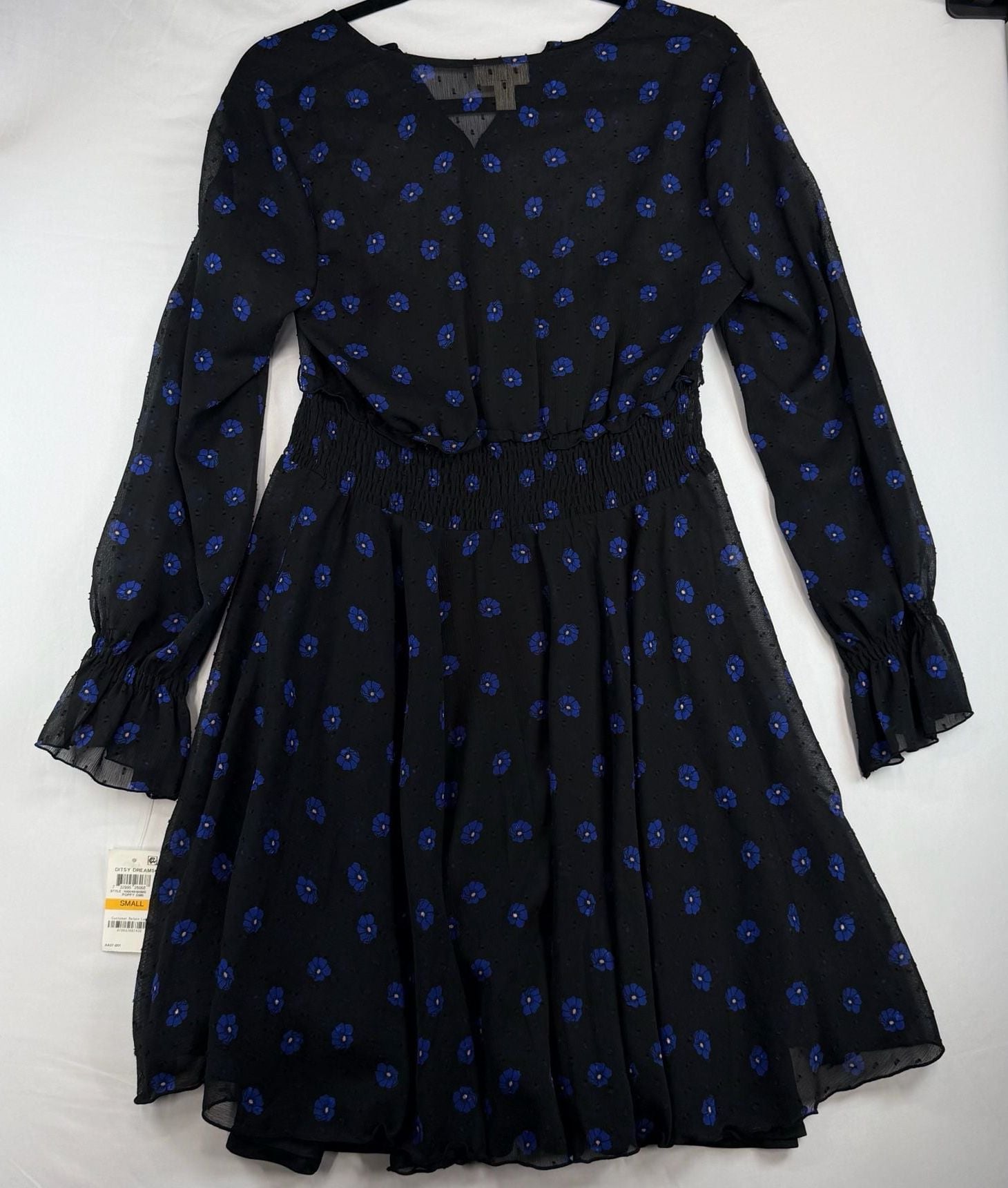 Maison Jules Dress Small NWT Black Blue Floral Smocked Waist Long Sleeve 3