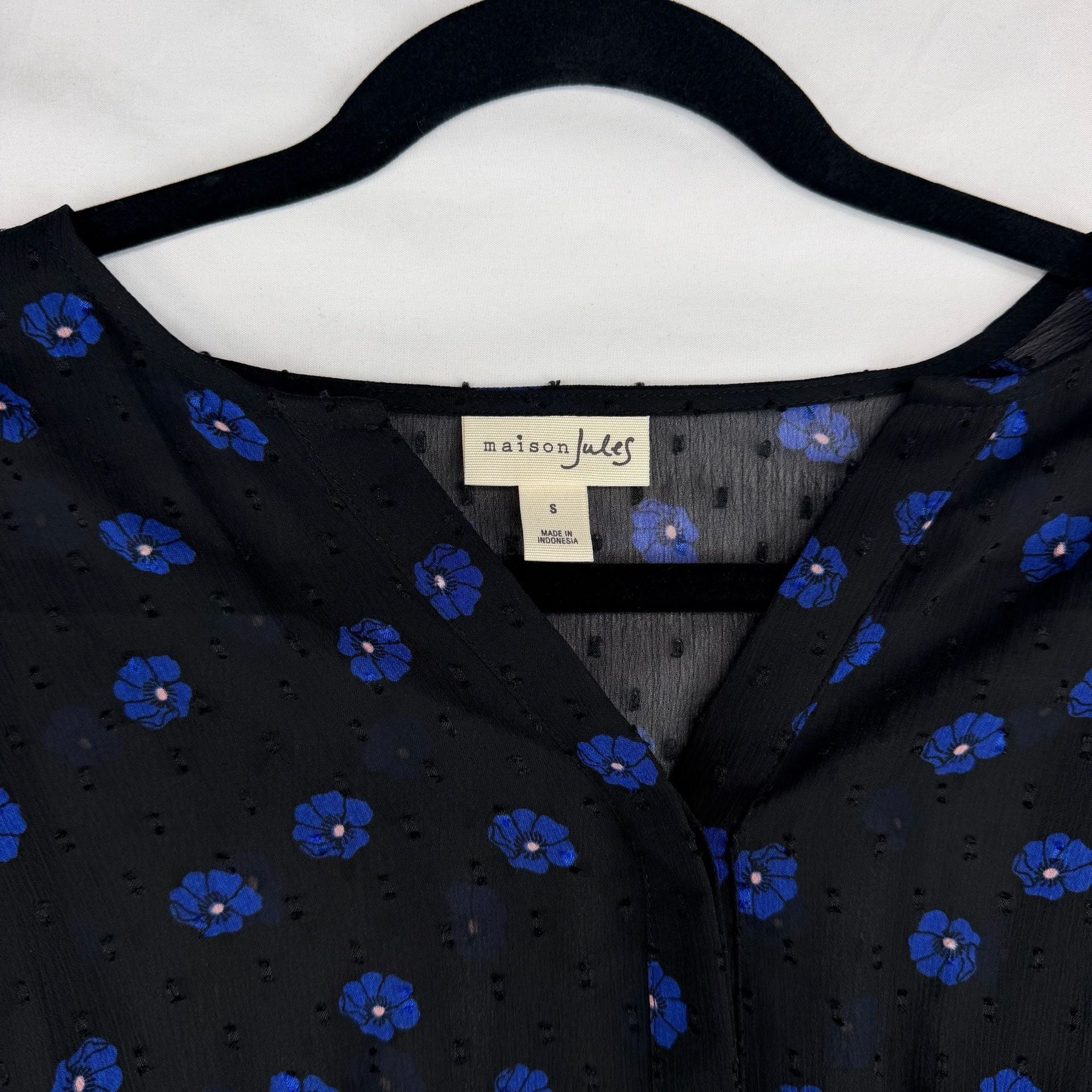 Maison Jules Dress Small NWT Black Blue Floral Smocked Waist Long Sleeve 4