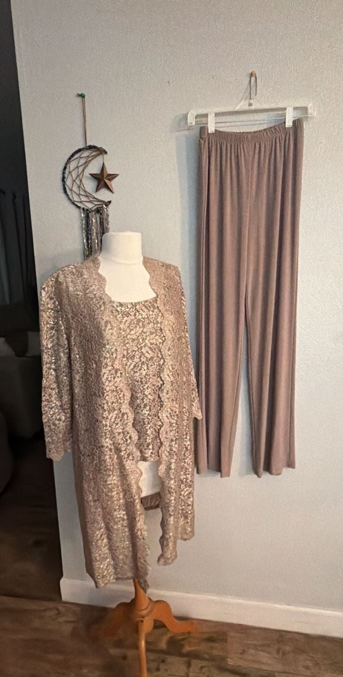 R&M Richards Womens Golden Glimmer Lace 3pc Pant Ensemble set 1