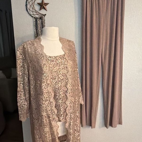 R&M Richards Womens Golden Glimmer Lace 3pc Pant Ensemble set