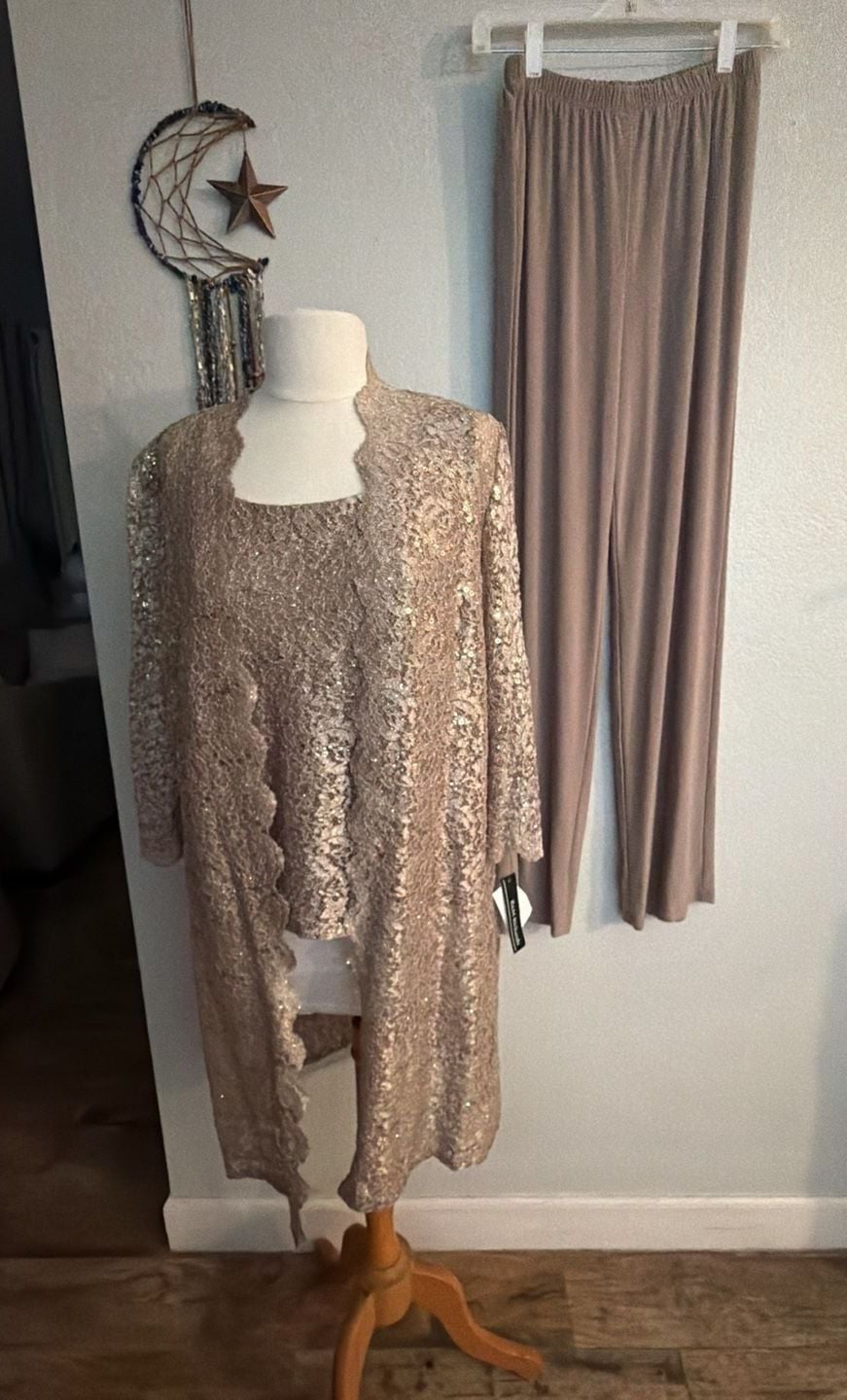 R&M Richards Womens Golden Glimmer Lace 3pc Pant Ensemble set 2