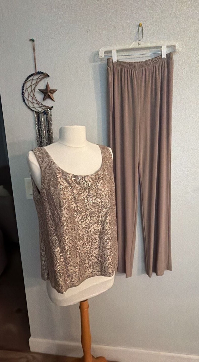 R&M Richards Womens Golden Glimmer Lace 3pc Pant Ensemble set 5