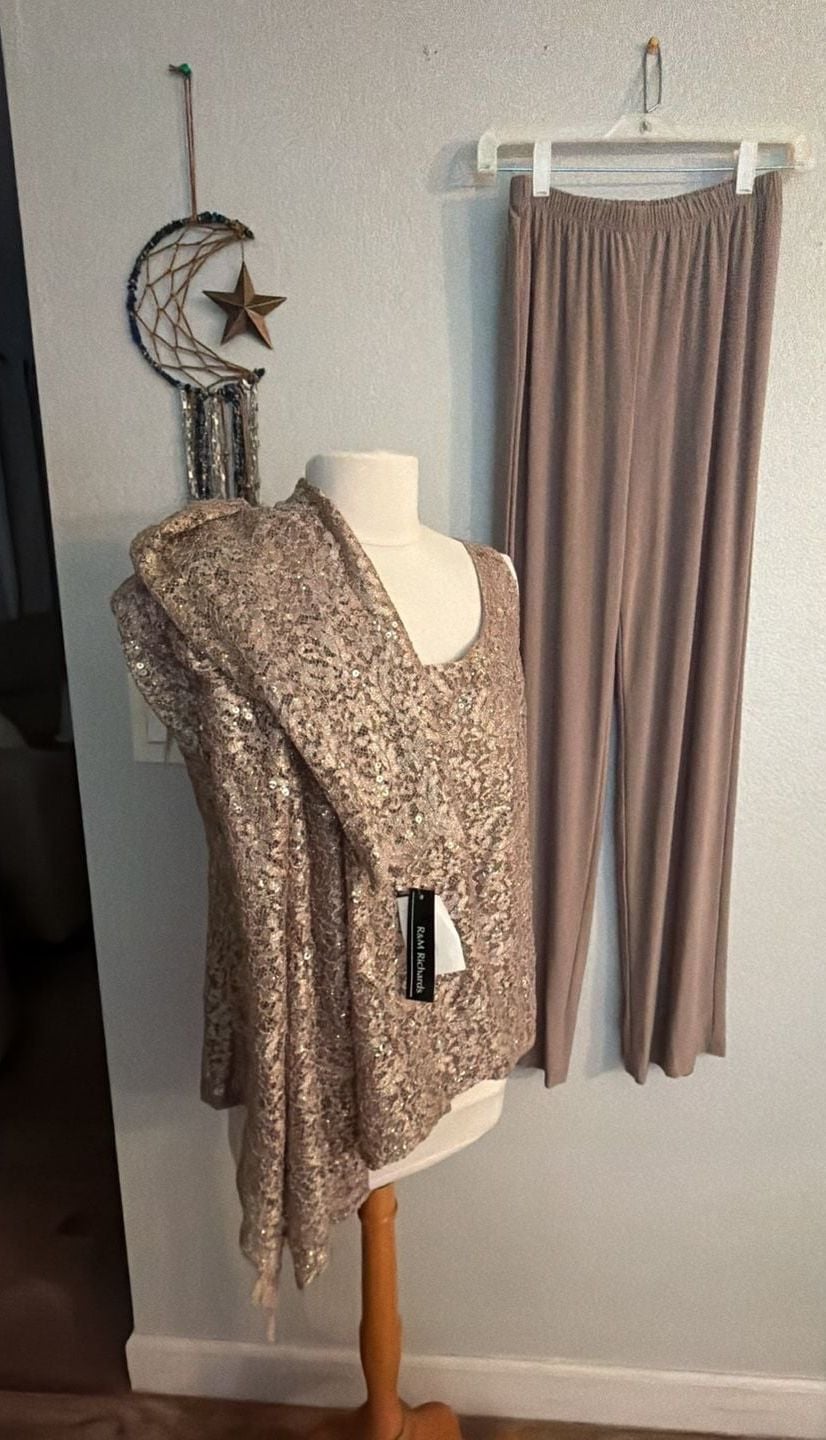 R&M Richards Womens Golden Glimmer Lace 3pc Pant Ensemble set 6