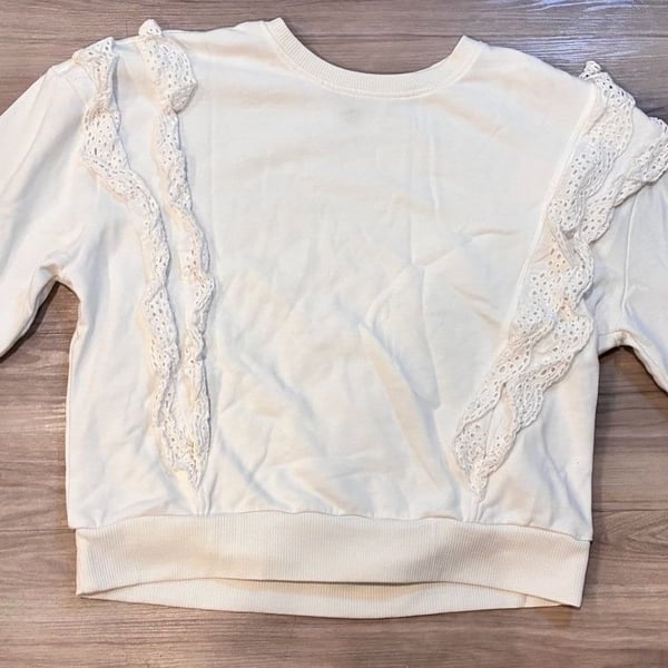 VyLette White Eyelet Lace Ruffle Trim Pullover Sweatshirt