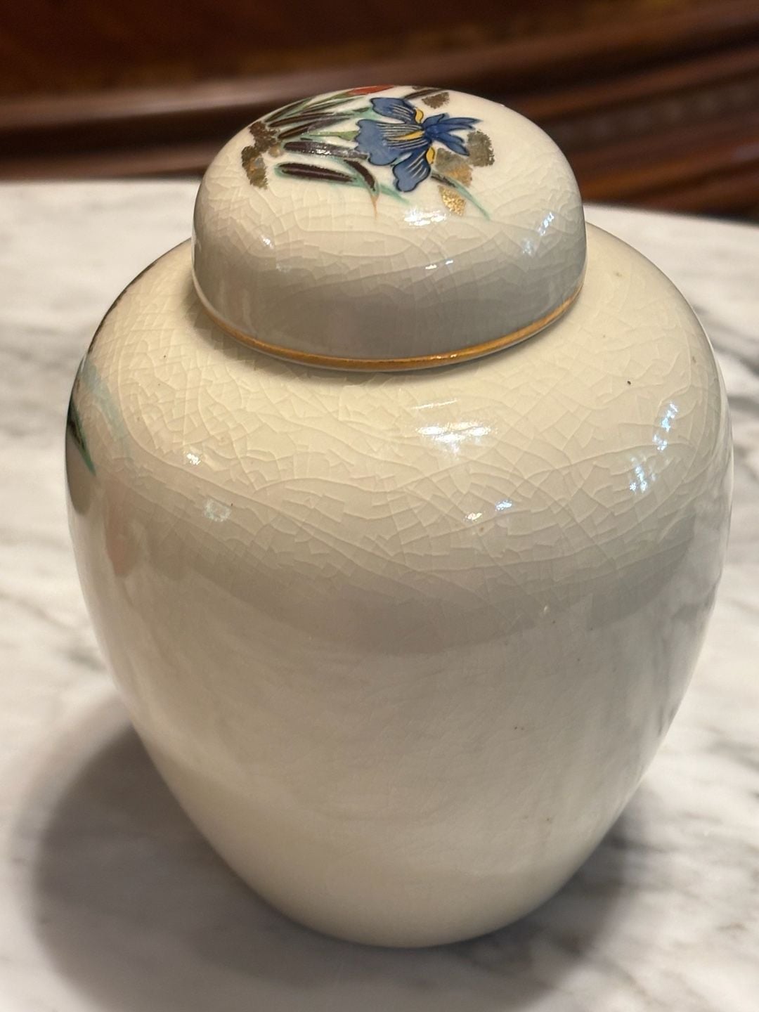 Toyo Japan Ginger Jar Iris Bird Crackle Glaze Gold Accents 2