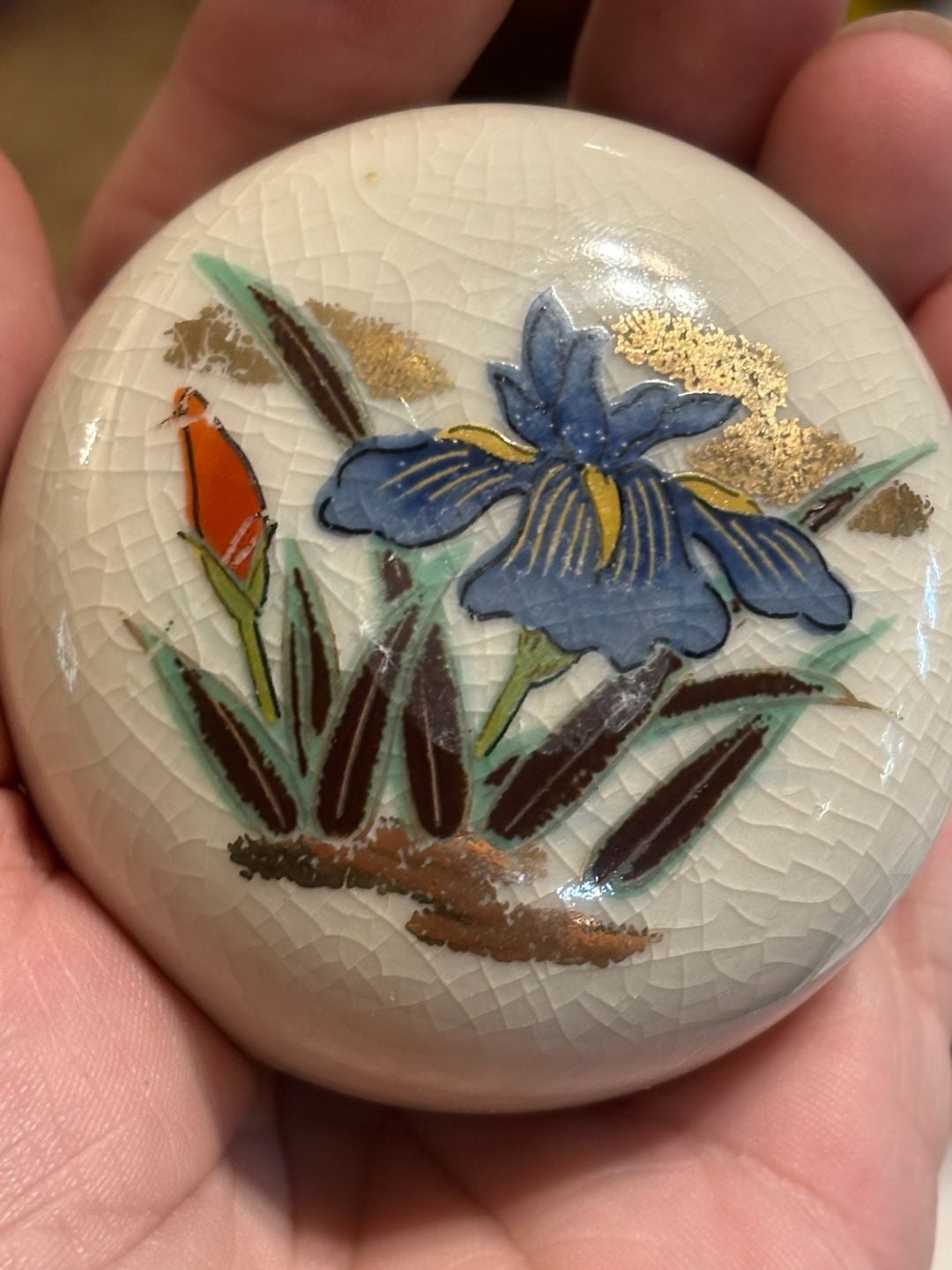 Toyo Japan Ginger Jar Iris Bird Crackle Glaze Gold Accents 3