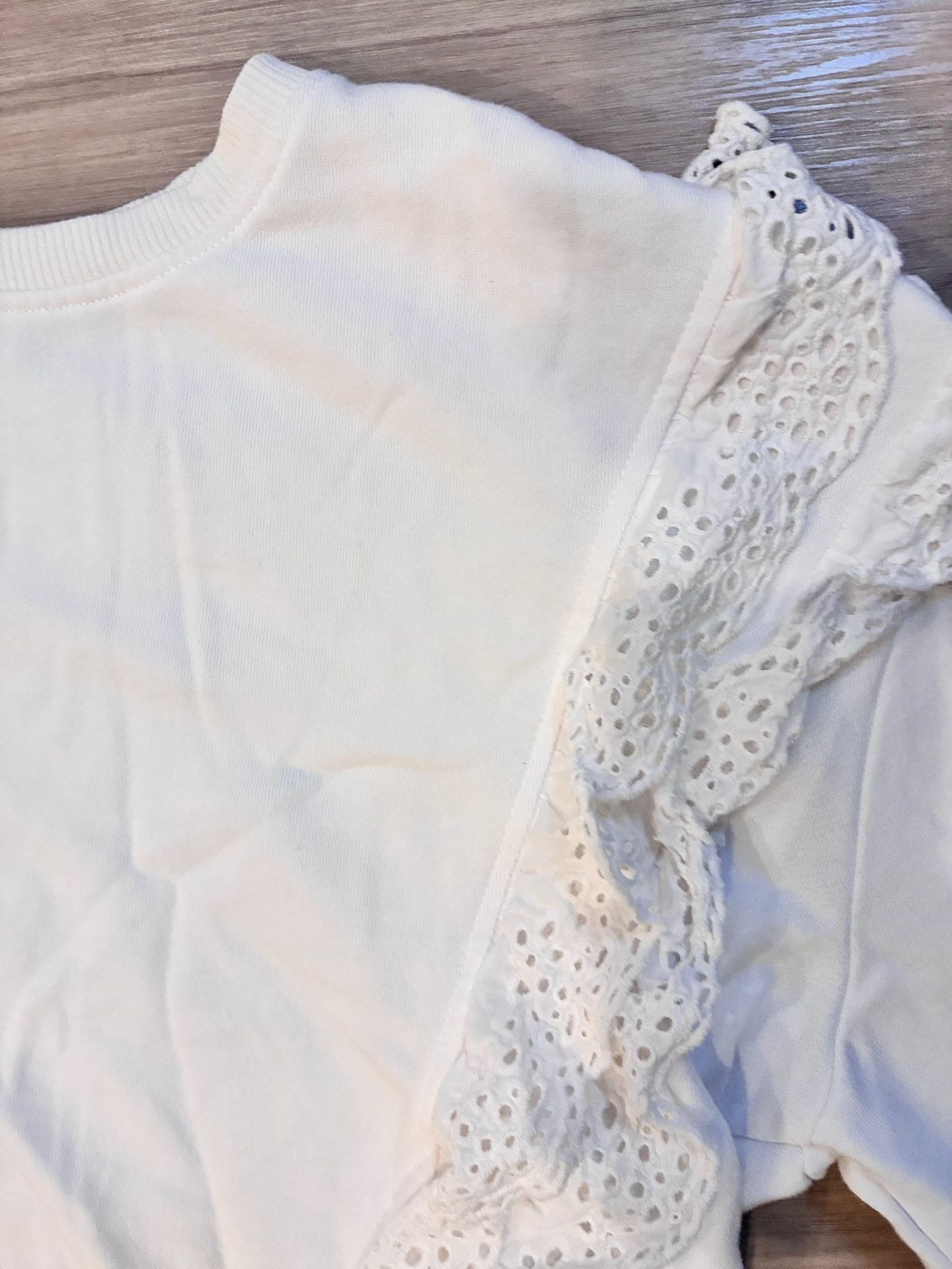 VyLette White Eyelet Lace Ruffle Trim Pullover Sweatshirt 4