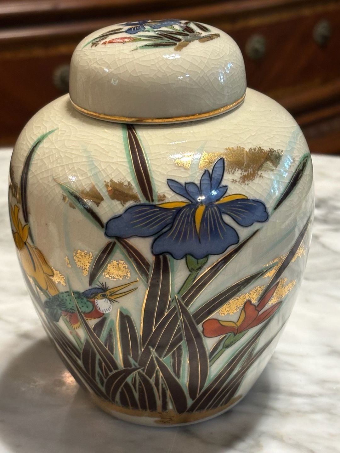 Toyo Japan Ginger Jar Iris Bird Crackle Glaze Gold Accents 1