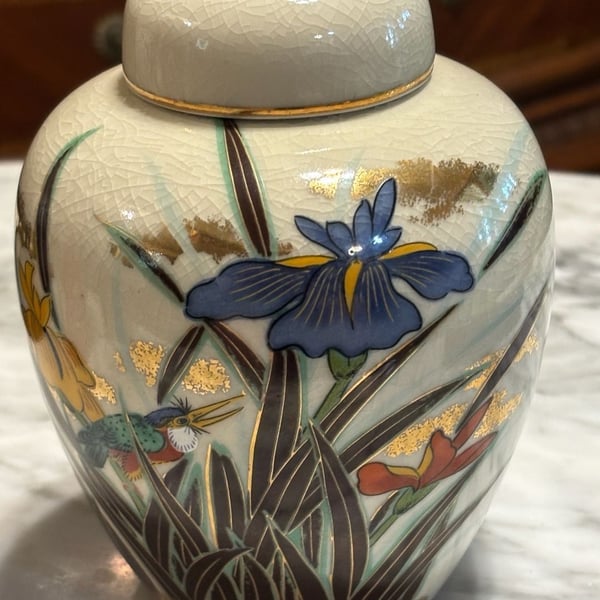 Toyo Japan Ginger Jar Iris Bird Crackle Glaze Gold Accents