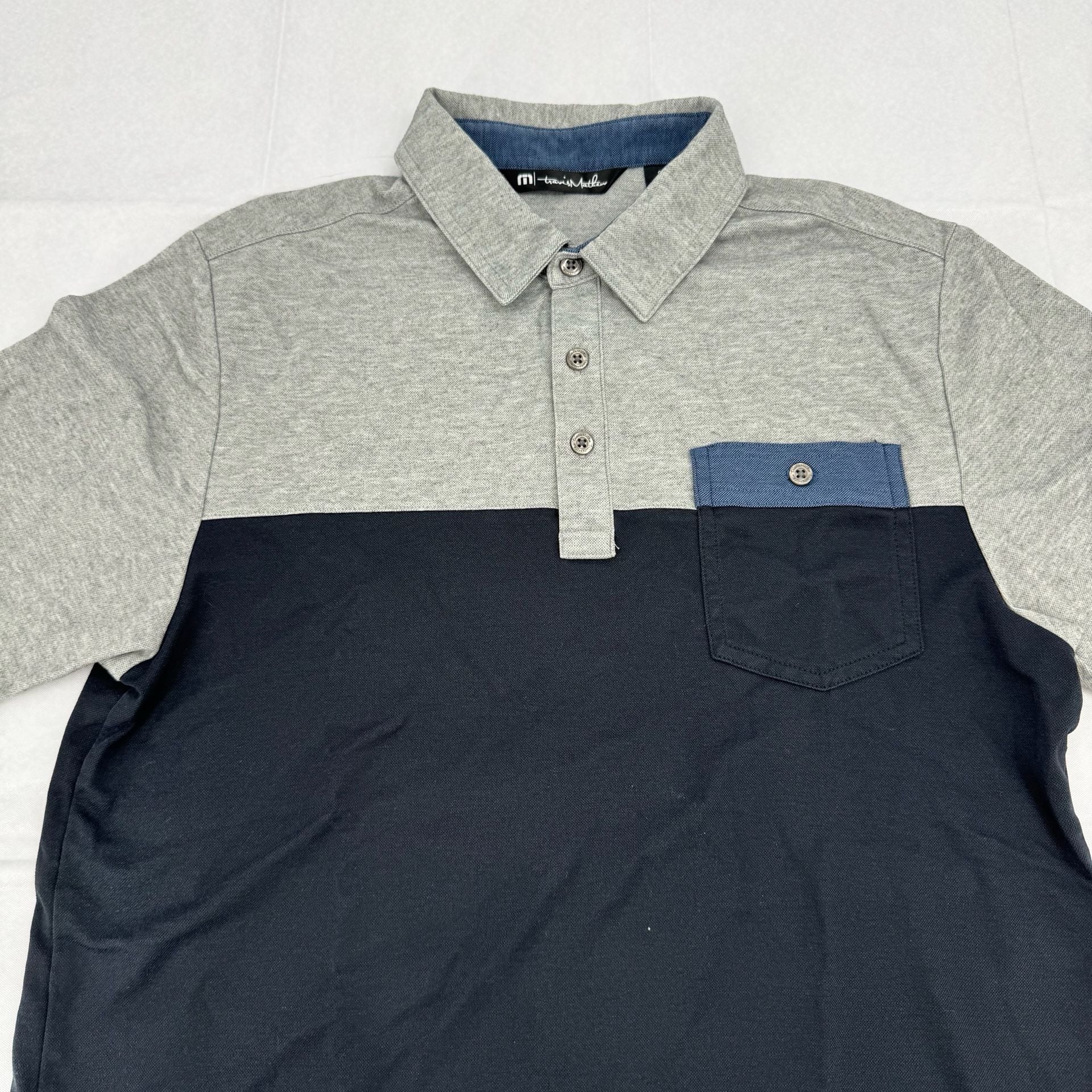 TravisMathew Four B'S Polo Shirt Size S Gray Navy Blue Pocket 4