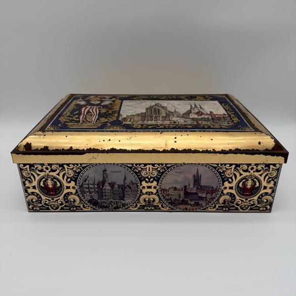 Henry Lambertz Vintage 1998 German Cityscape Metal Storage Tin Box