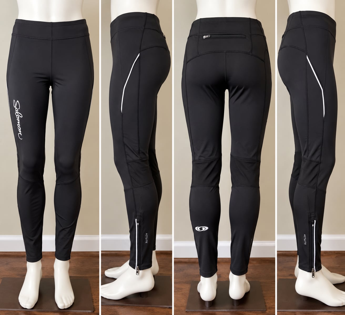 Salomon ActiLite Women’s L Black Running Leggings Reflective Zip Ankle 2