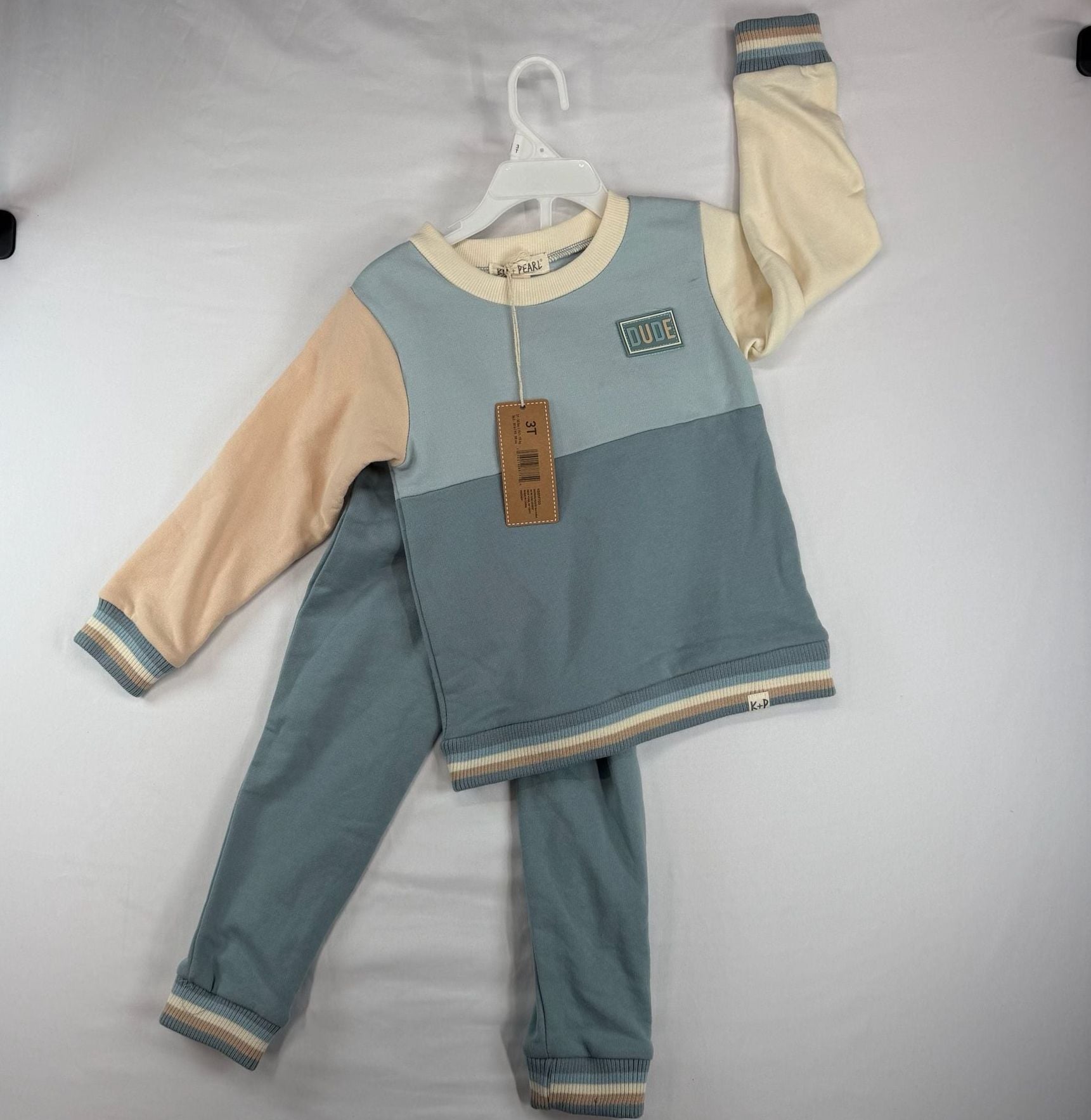 Kit + Pearl Boys 3T 2 Piece Jogger Sweatshirt Set Blue Cream Dude NWT 1