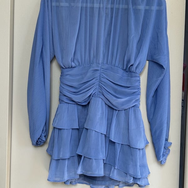Katie J NYC Morgan Dress Size XL Blue Tiered Ruffle Mini Chiffon