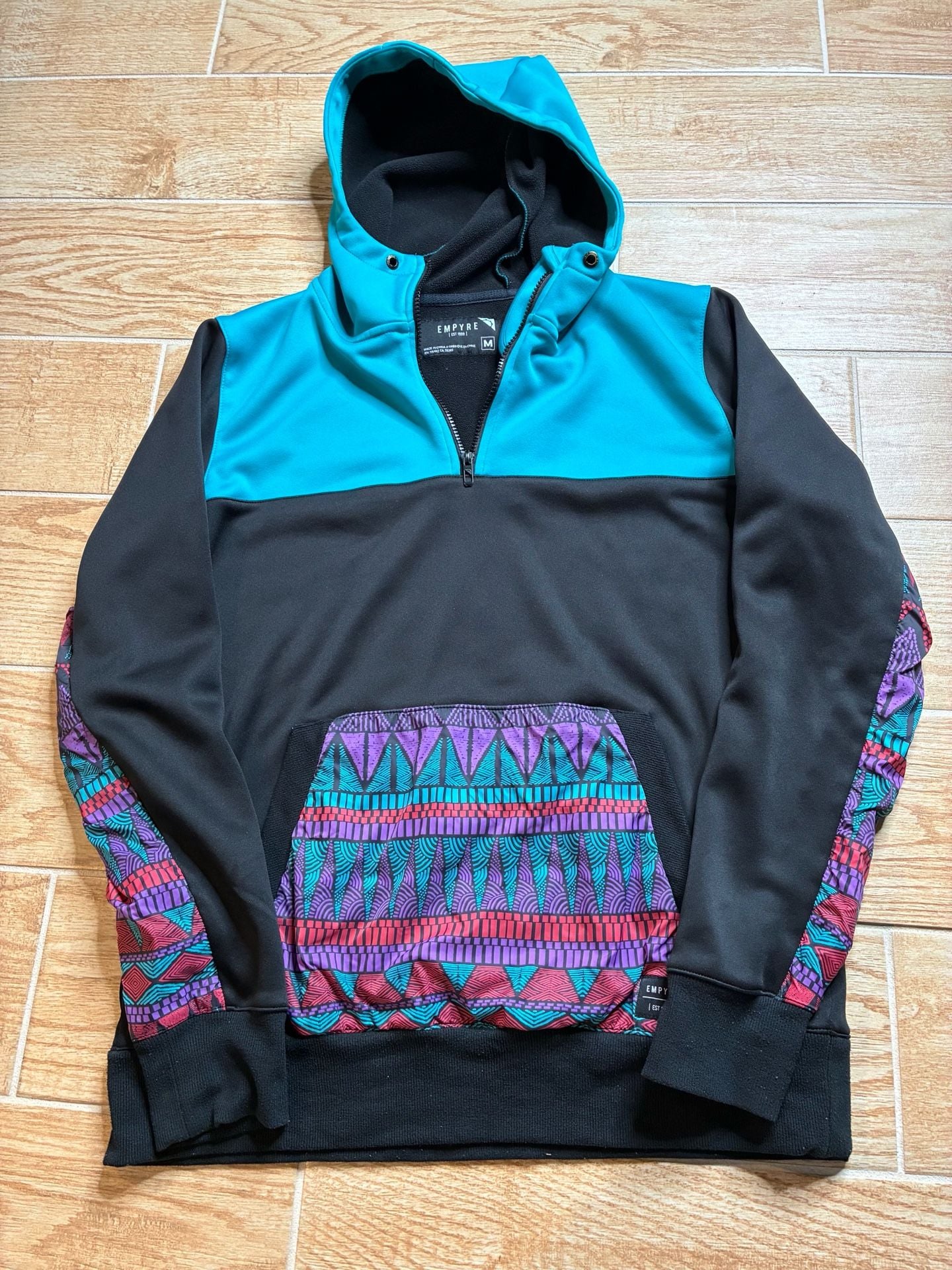 Vintage Y2K Empyre Hoodie Size M Black Teal Aztec 1/4 Zip Pullover 2