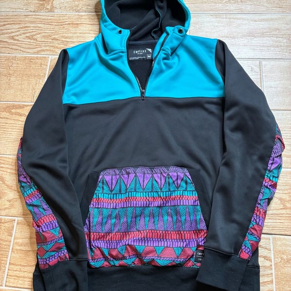 Vintage Y2K Empyre Hoodie Size M Black Teal Aztec 1/4 Zip Pullover