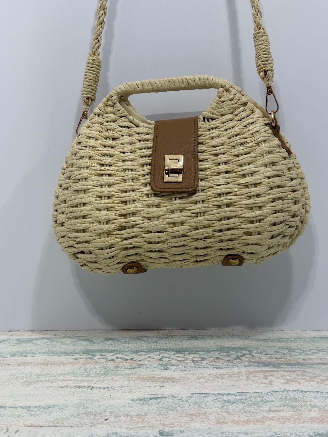 Unbranded Woven Straw Dumpling Crossbody Bag Beige Brown Lock Clasp Summer 2