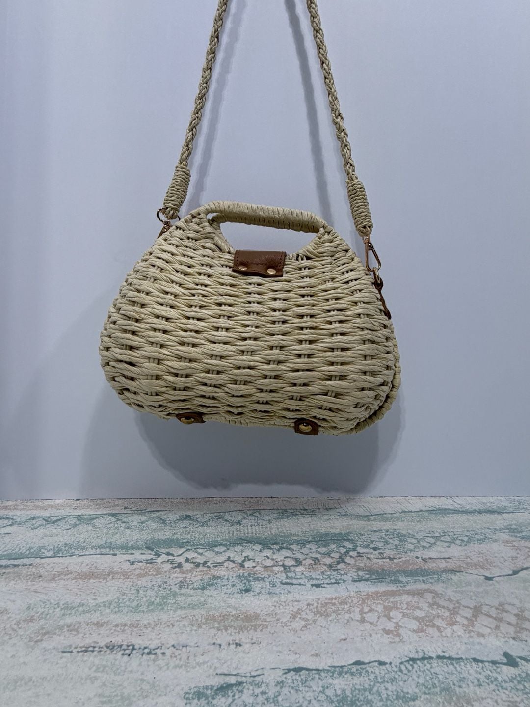 Unbranded Woven Straw Dumpling Crossbody Bag Beige Brown Lock Clasp Summer 9