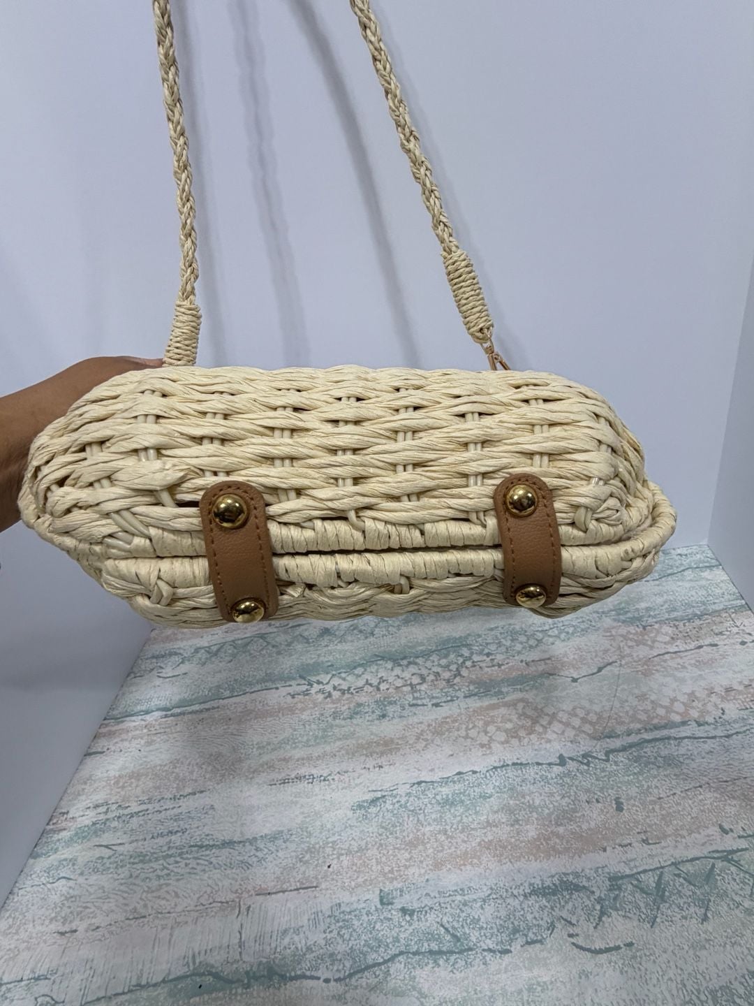 Unbranded Woven Straw Dumpling Crossbody Bag Beige Brown Lock Clasp Summer 10