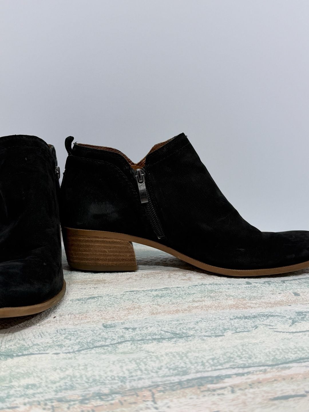 Franco Sarto Ankle Booties Black Suede Side Zip Block Heel 2