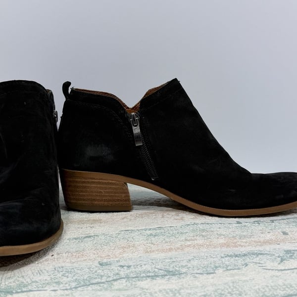 Franco Sarto Ankle Booties Black Suede Side Zip Block Heel