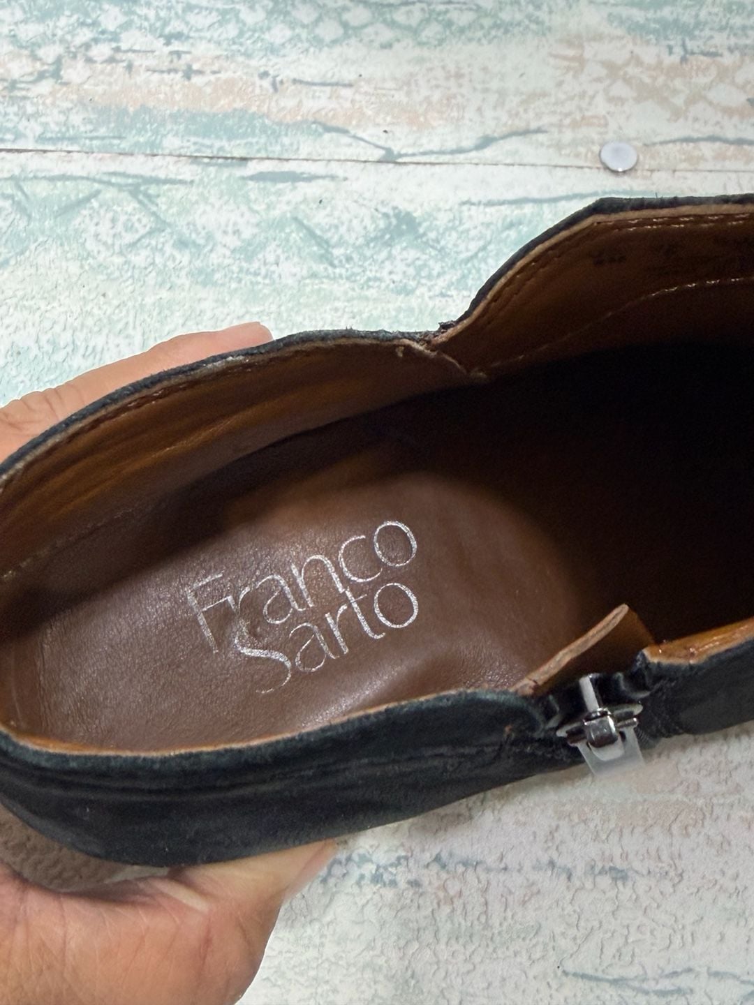 Franco Sarto Ankle Booties Black Suede Side Zip Block Heel 7