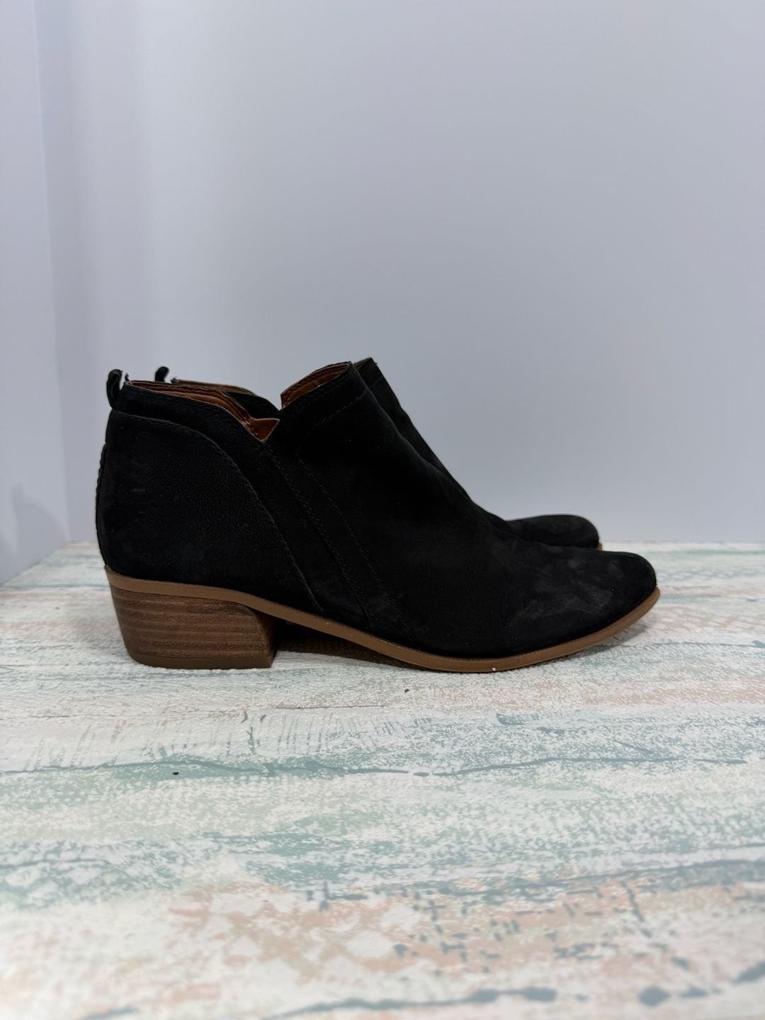 Franco Sarto Ankle Booties Black Suede Side Zip Block Heel 8