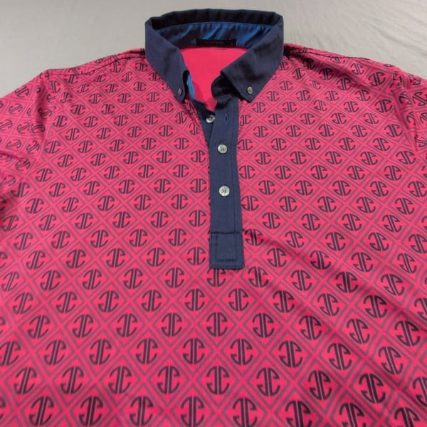 Greyson West Flag Golf Polo Size L Red Blue Monogram Print Short Sleeve #Golf