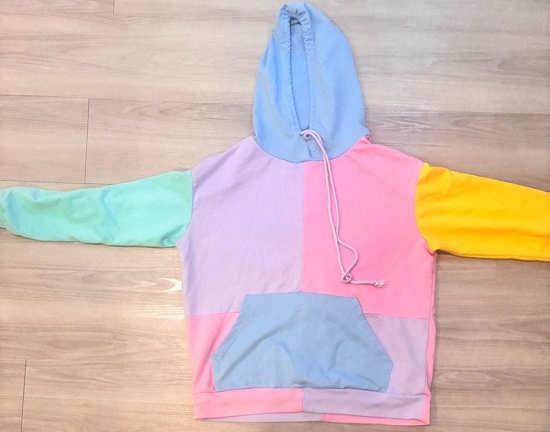 Pastel Colorblock Pullover Hoodie Pink Purple Blue Green Yellow XS 2