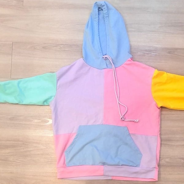 Pastel Colorblock Pullover Hoodie Pink Purple Blue Green Yellow XS