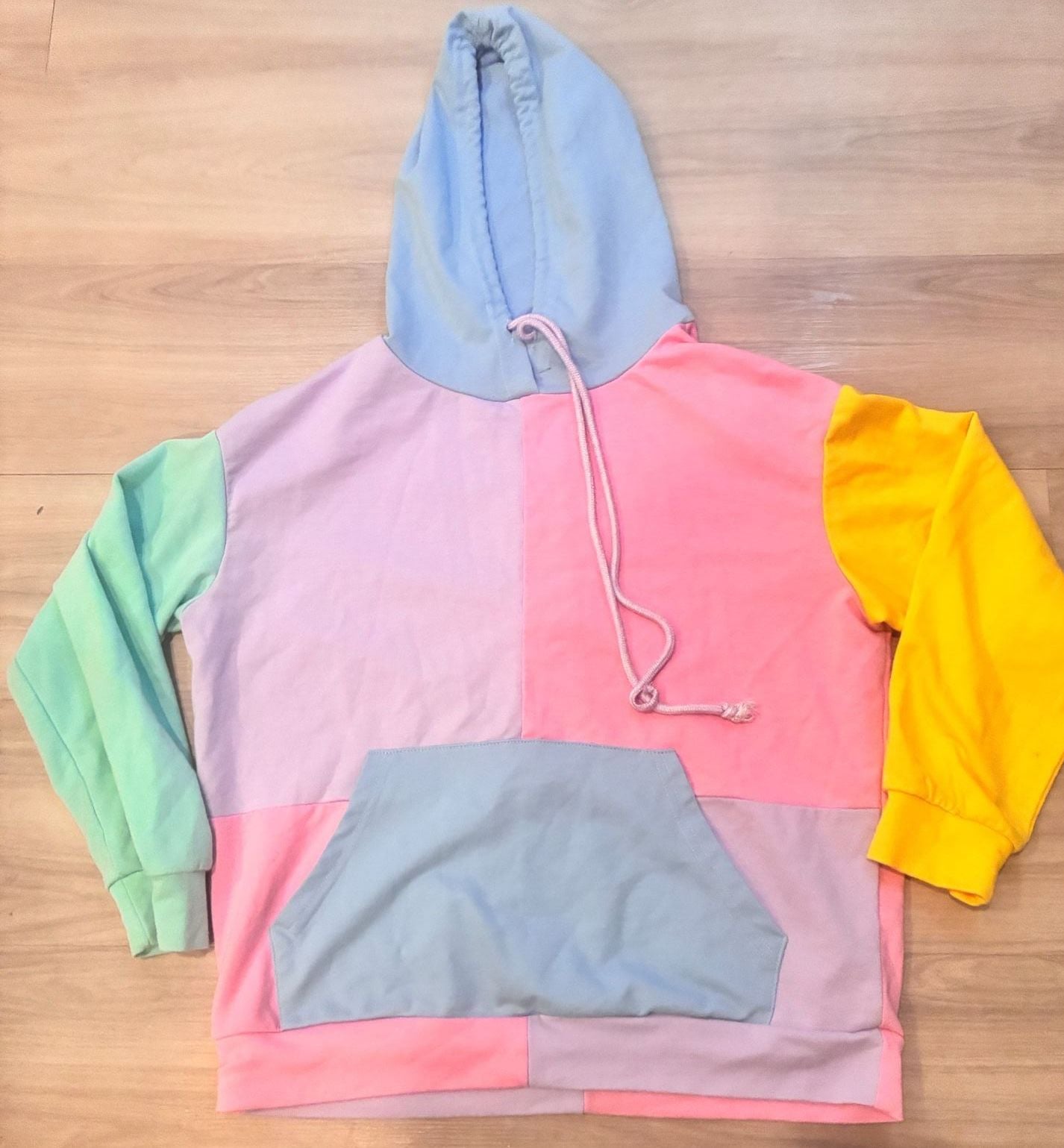 Pastel Colorblock Pullover Hoodie Pink Purple Blue Green Yellow XS 3