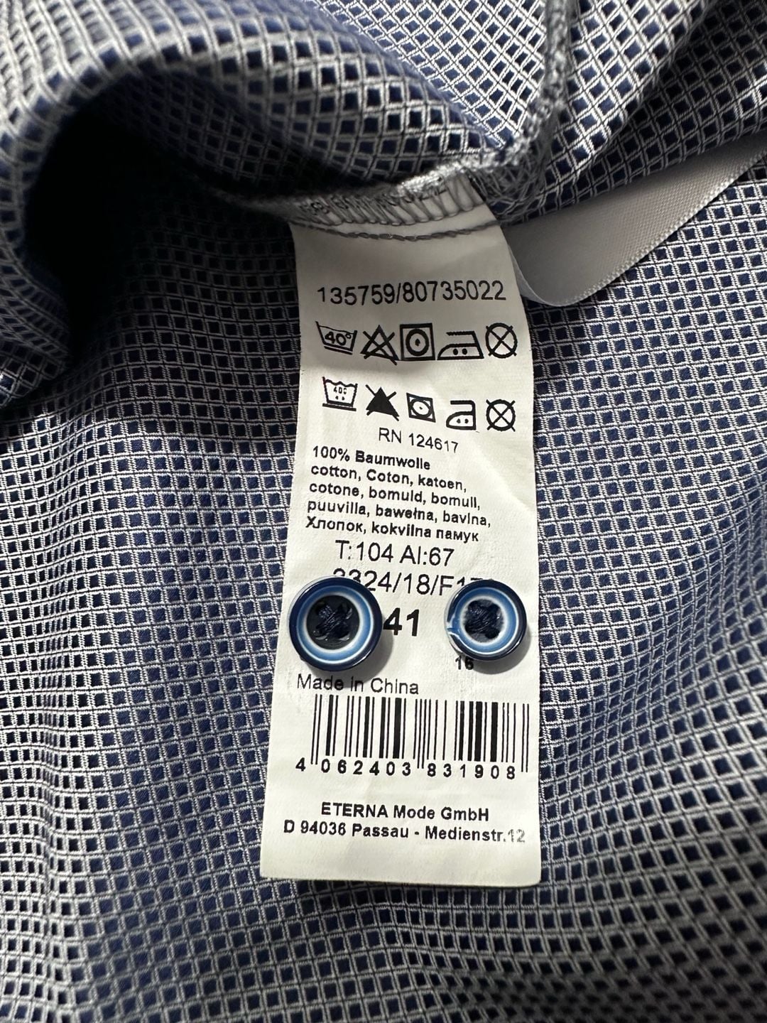 Eterna Slim Fit Shirt Size 41/16 Blue Geometric Cotton Long Sleeve 5