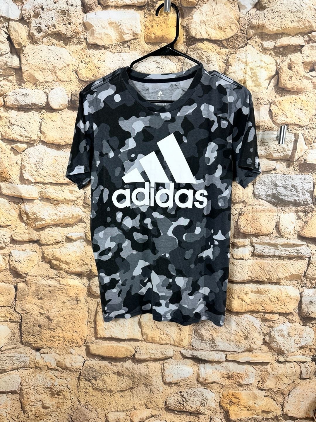 Adidas Camo Allover Print T-Shirt Size XL 18/20 Grey Black White Logo Tee 2