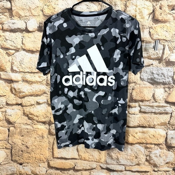 Adidas Camo Allover Print T-Shirt Size XL 18/20 Grey Black White Logo Tee