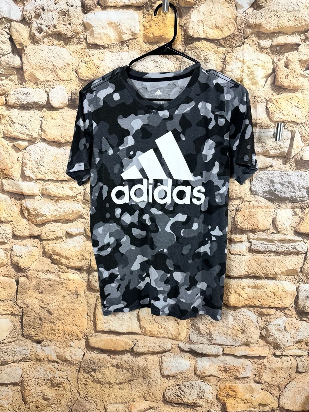 Adidas Camo Allover Print T-Shirt Size XL 18/20 Grey Black White Logo Tee 3