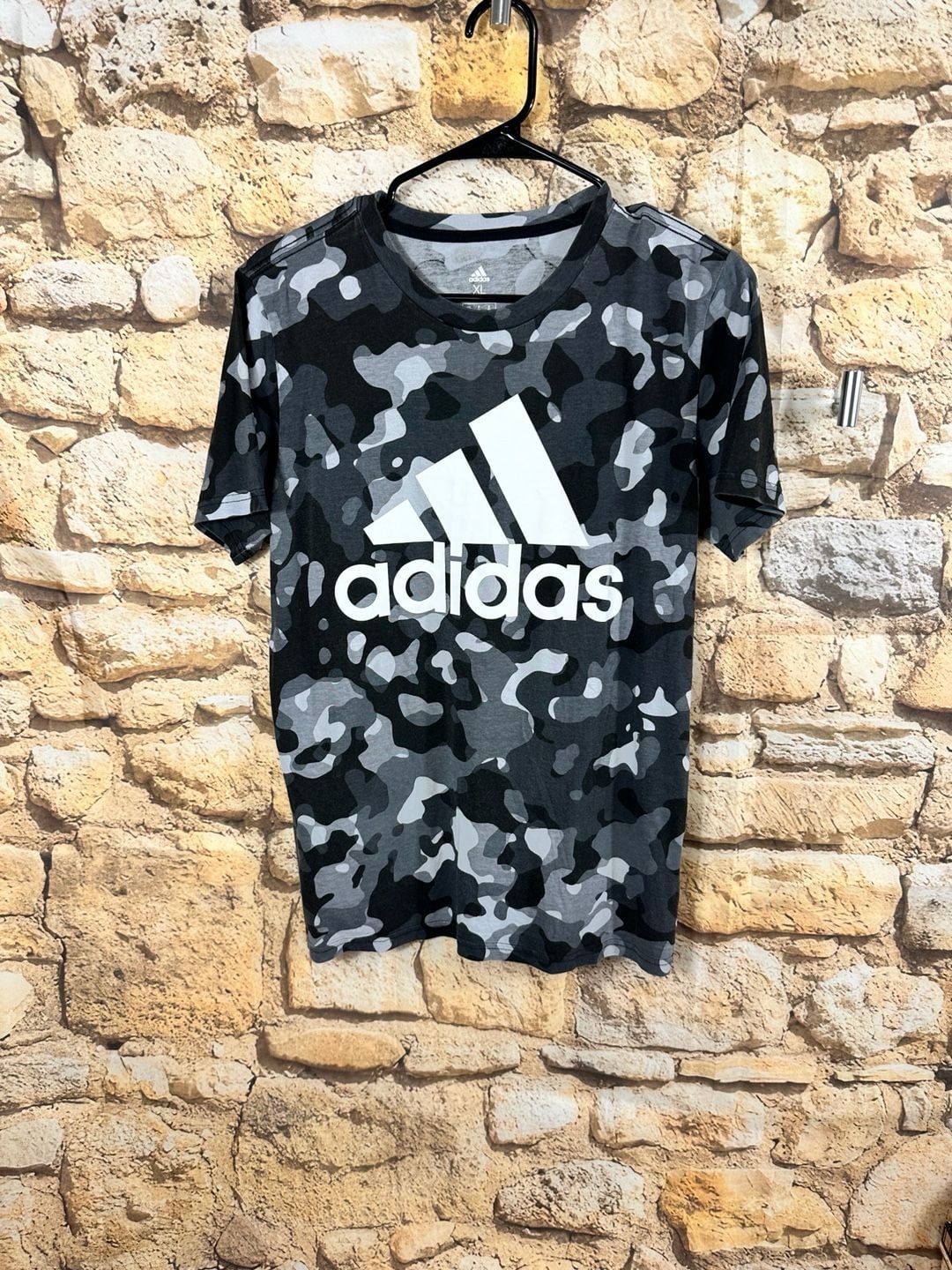 Adidas Camo Allover Print T-Shirt Size XL 18/20 Grey Black White Logo Tee 7