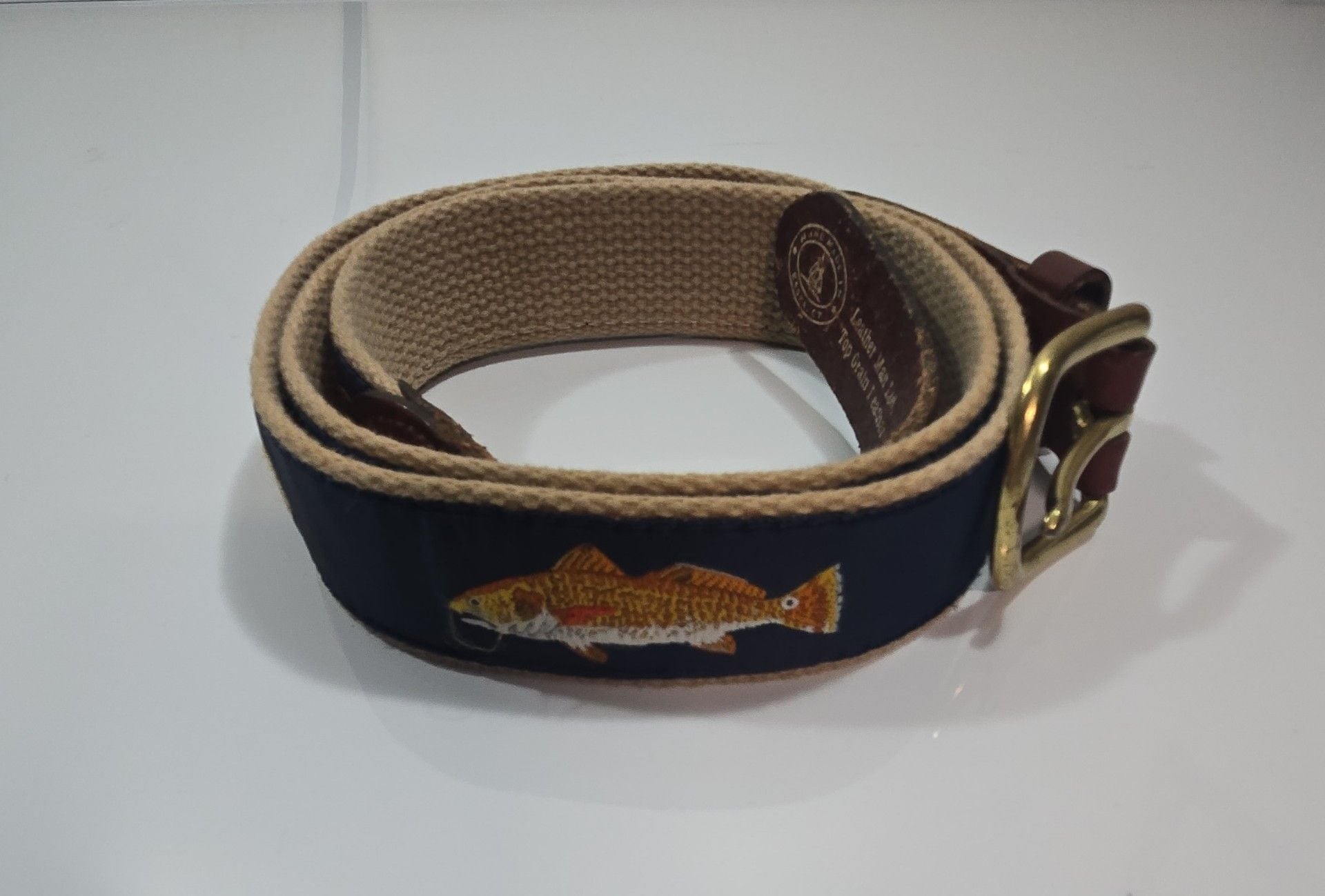 46" Leather Man Ltd Red Drum Fish Ribbon Belt Top Grain Leather Brass Buckle 1