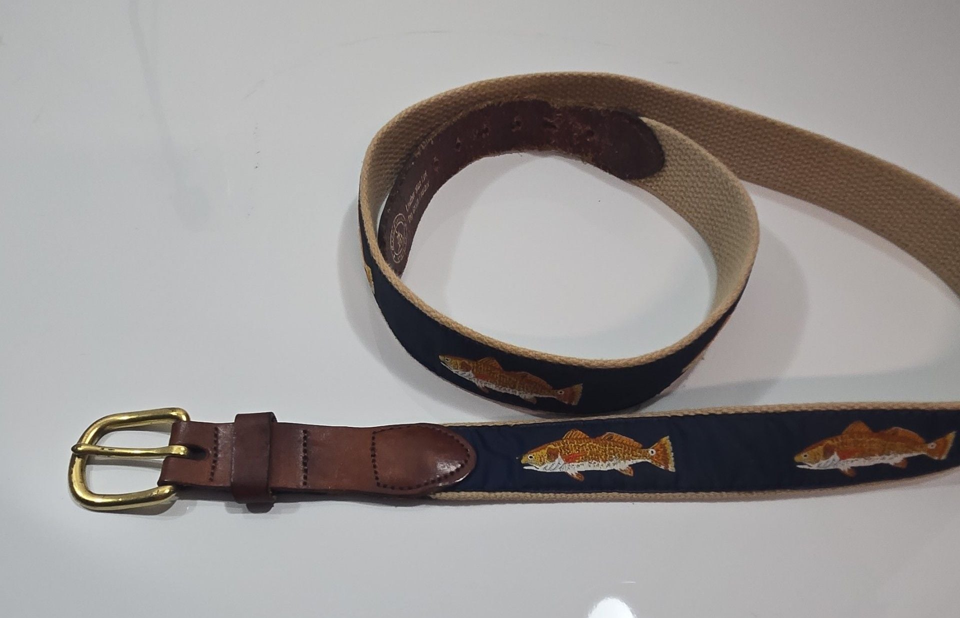 46" Leather Man Ltd Red Drum Fish Ribbon Belt Top Grain Leather Brass Buckle 4
