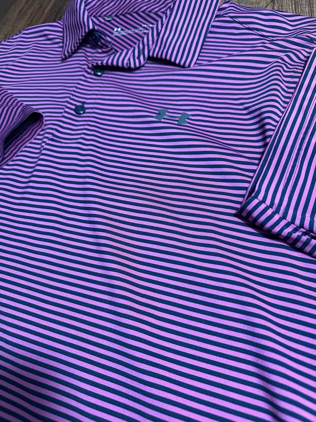 Under Armour Playoff Polo Size L Purple Striped Performance Golf Shirt 3