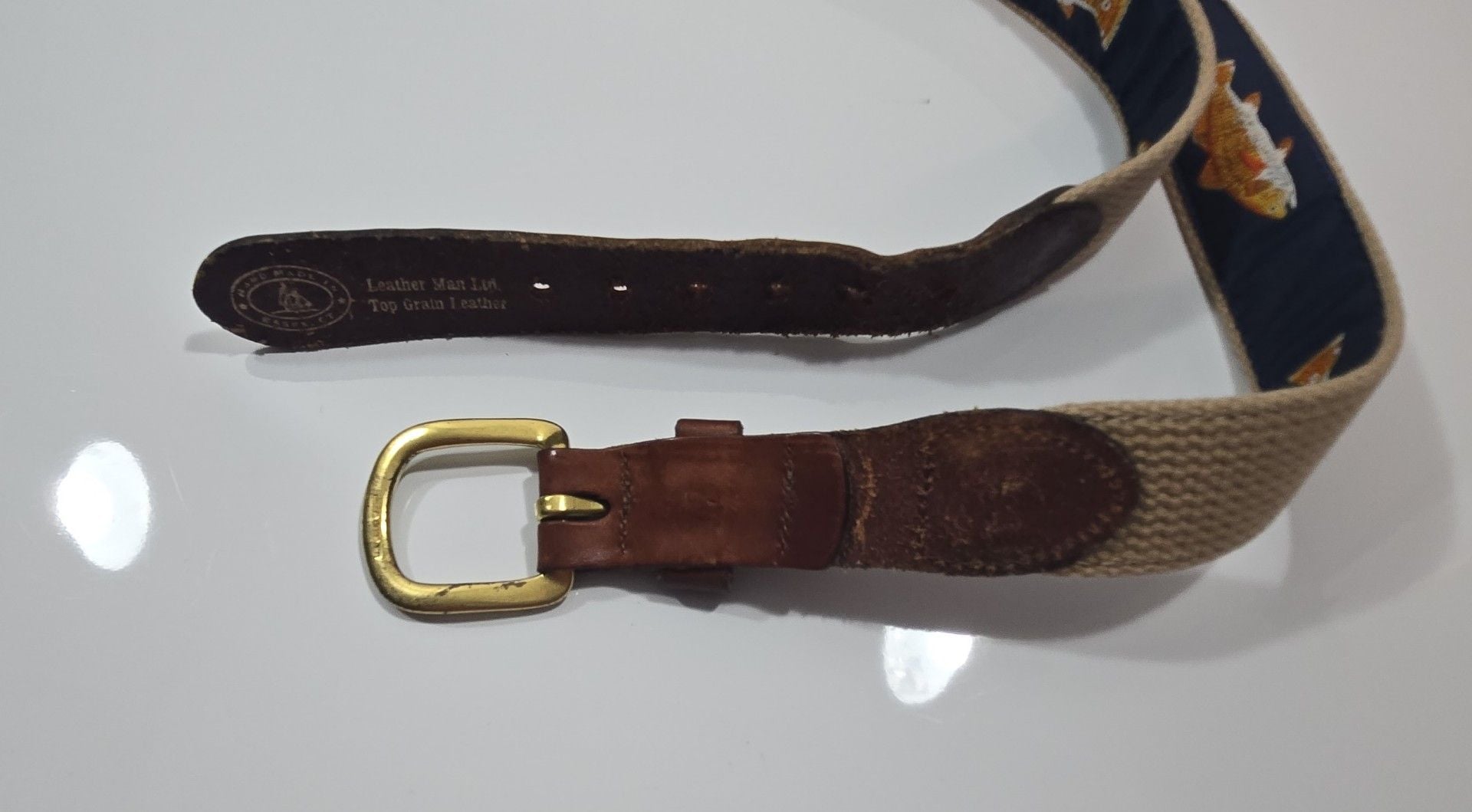 46" Leather Man Ltd Red Drum Fish Ribbon Belt Top Grain Leather Brass Buckle 7