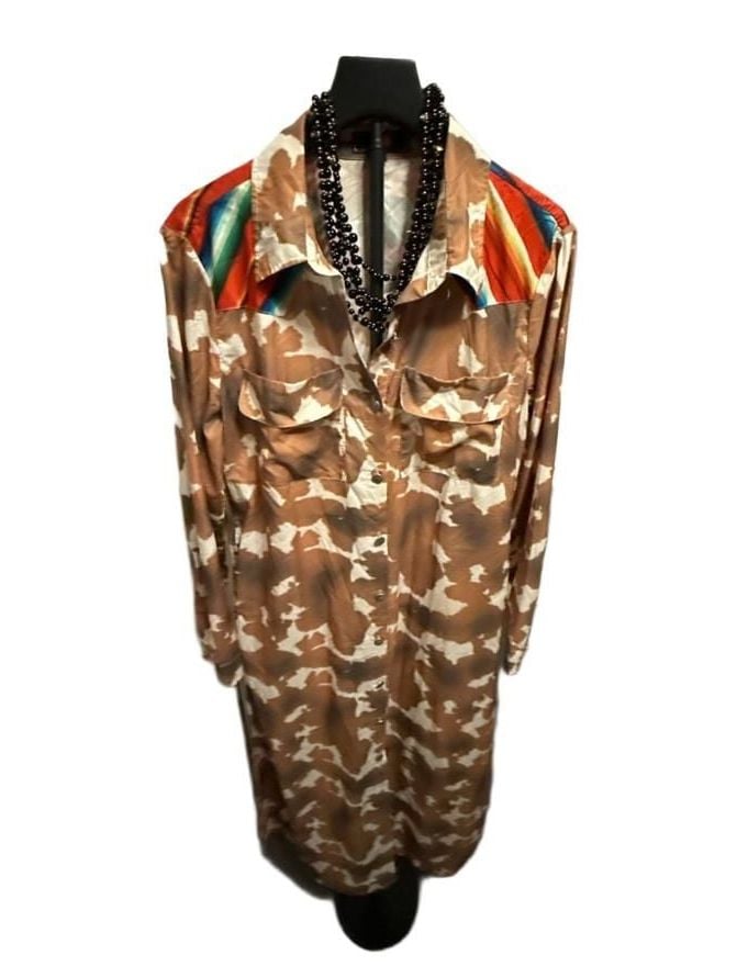 I&B Cow Print Aztec Maxi Shirt Dress Size L Western 2