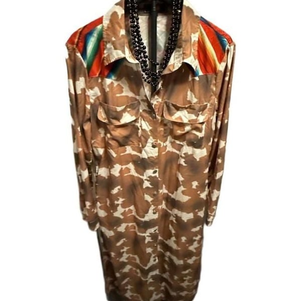 I&B Cow Print Aztec Maxi Shirt Dress Size L Western