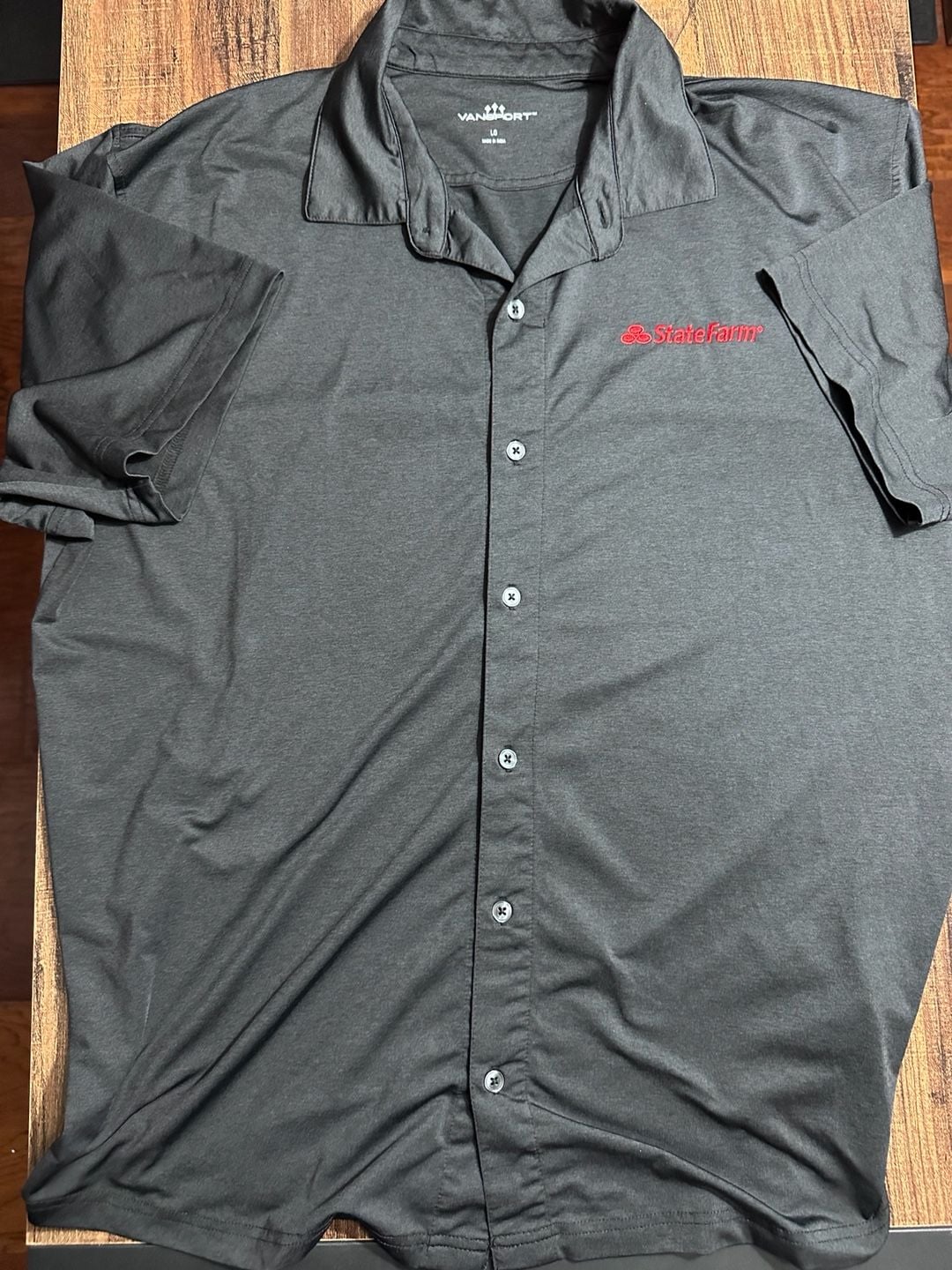 Vansport Button-Up Shirt Size LG State Farm Black Short Sleeve 2