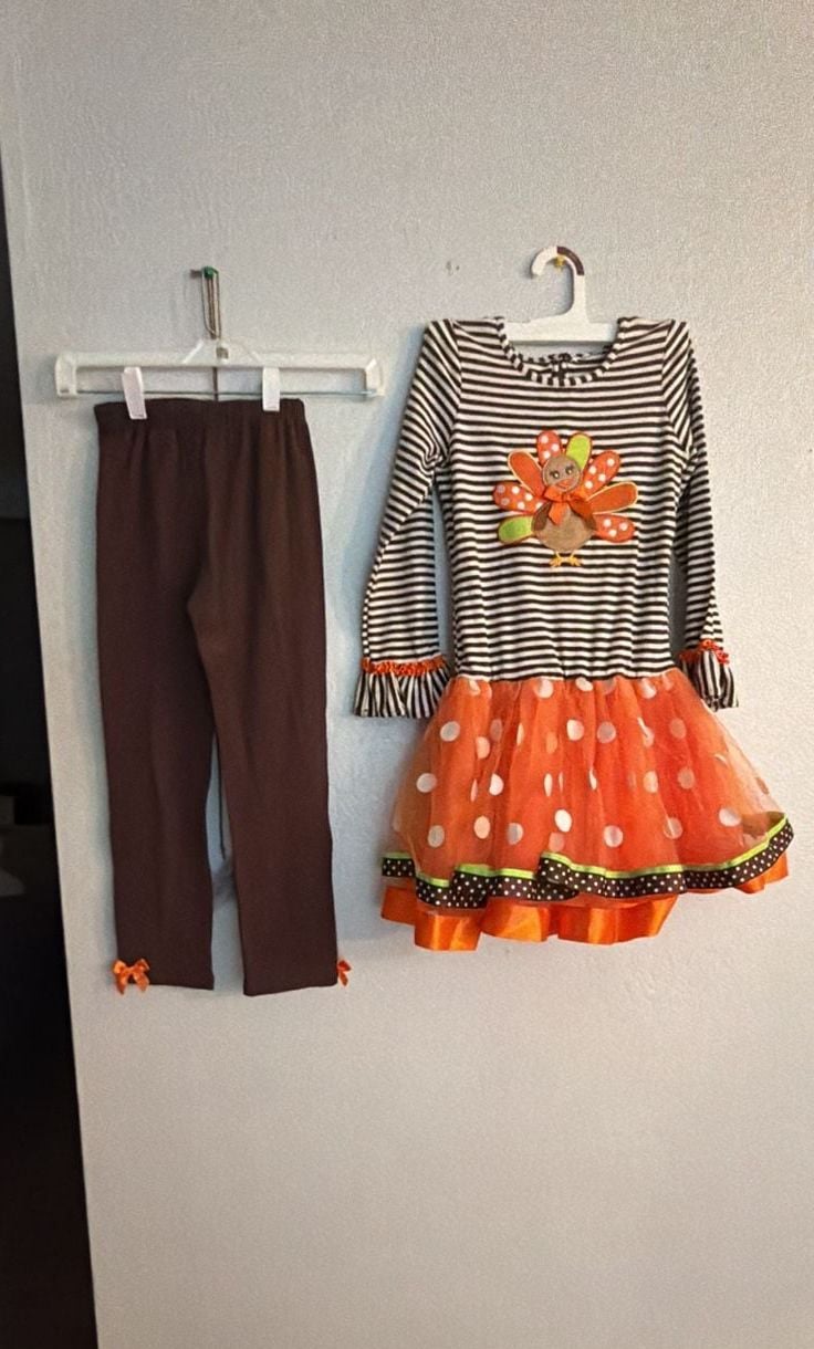 Blueberi Boulevard Thanksgiving Turkey Tutu Dress Set Brown Orange 1