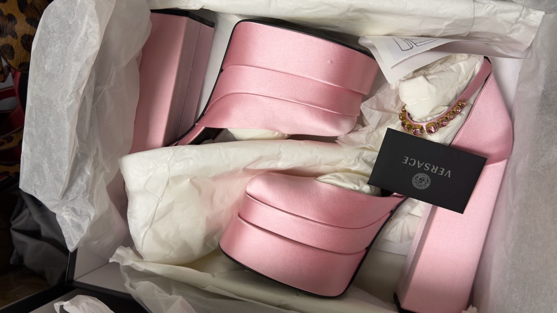 Versace Pink Satin Platform Block Heel Pumps with Ankle Strap 8
