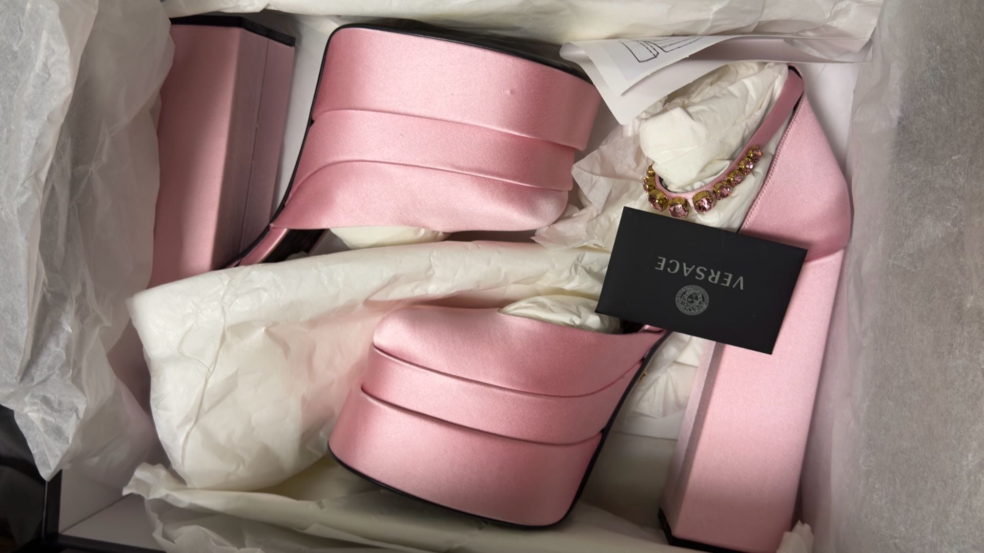 Versace Pink Satin Platform Block Heel Pumps with Ankle Strap 9