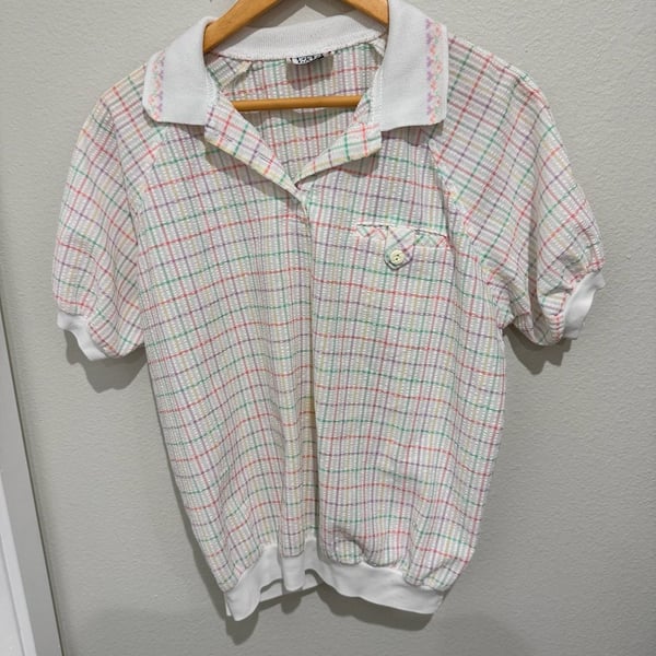 Vintage Cricket Lane Vintage Pastel Plaid Seersucker Polo Blouse