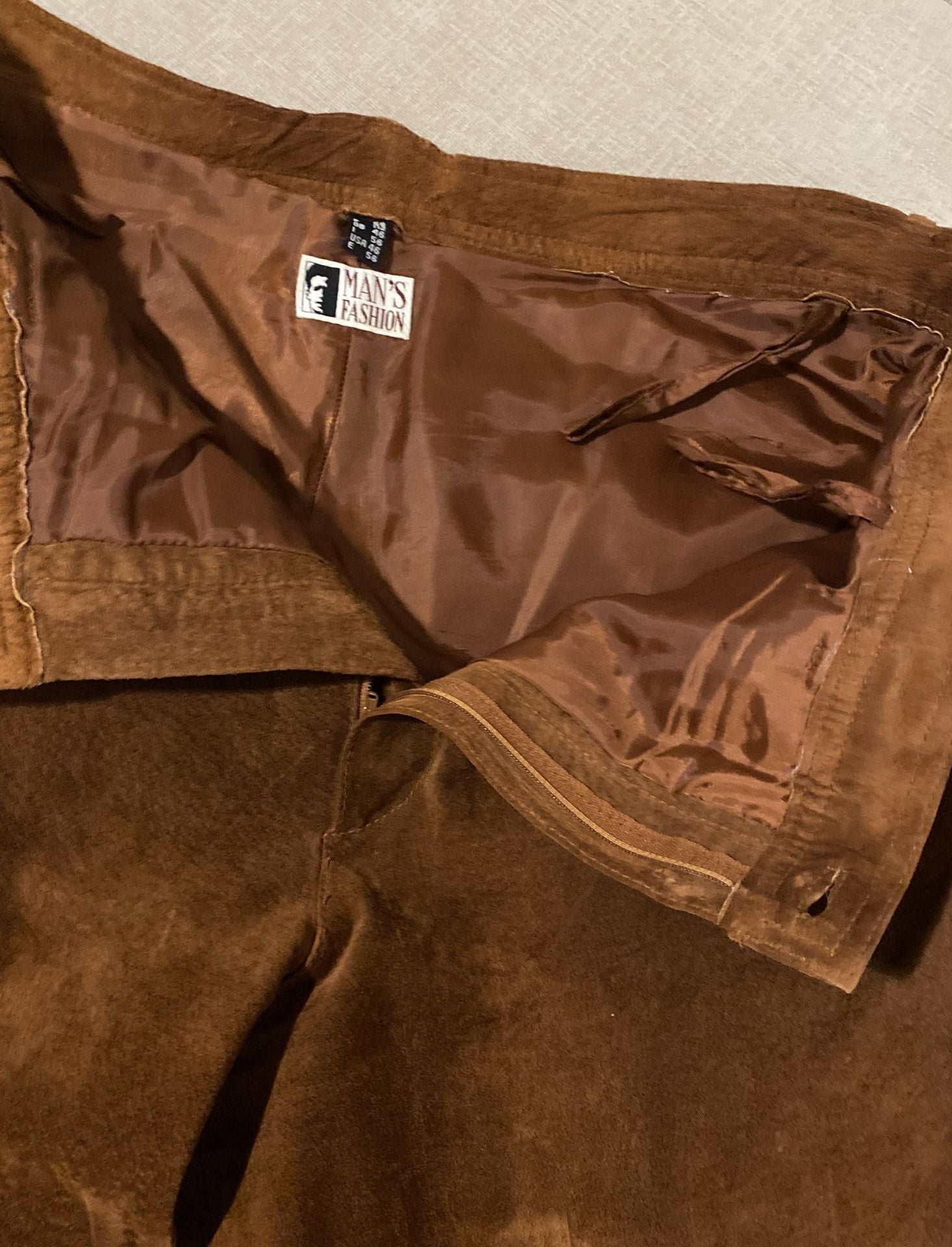 Vintage Genuine leather/suede feeling. Brown Pants USA 46 Men’s waiste 46/30. Pants have weight to them  9