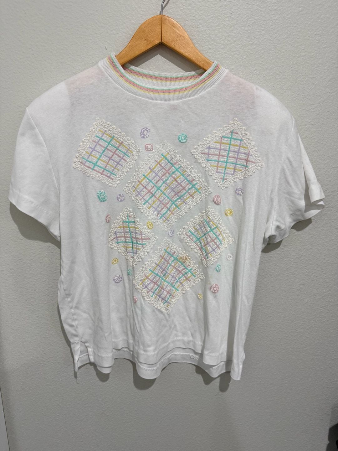 Vintage Cricket Lane T-Shirt Size White Embroidered Lattice Pastel 2