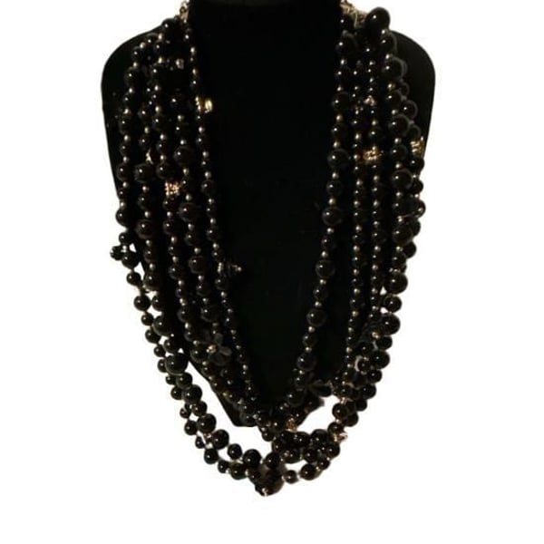Talbots Multi Strand Black Beaded Statement Necklace Gold Tone Bib